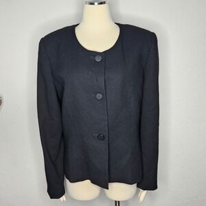 Vintage Morgan Taylor Studio Black Wool Collarless Blazer Minimalist Size 16
